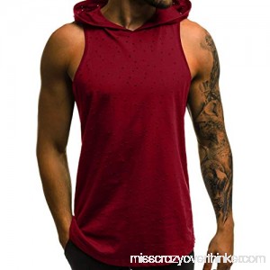 AMOFINY Men's Tops Fitness Muscle Hole Sleeveless Hooded Bodybuilding Skin Tight-Drying Tops Red B07P8RQS43